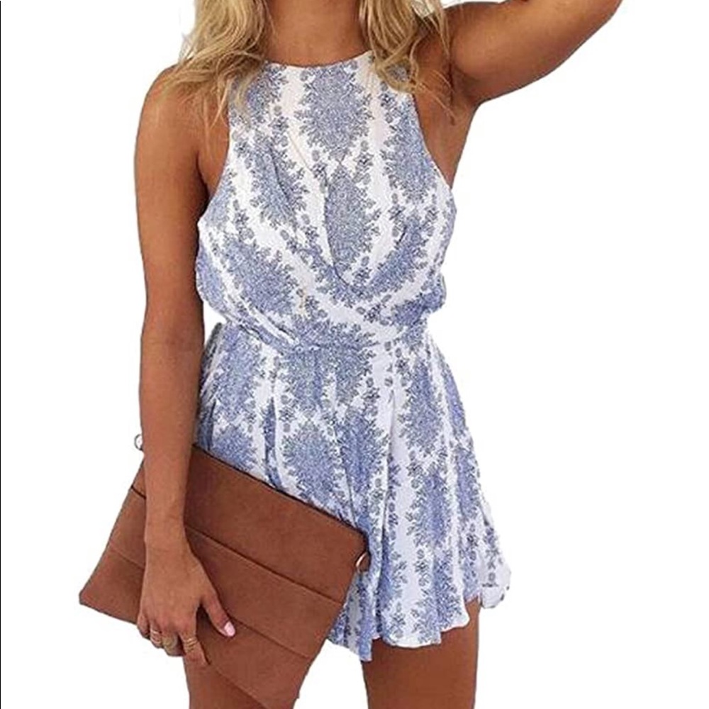 Lukycild Blue & White Paisley Open Back Halter Romper Boho S